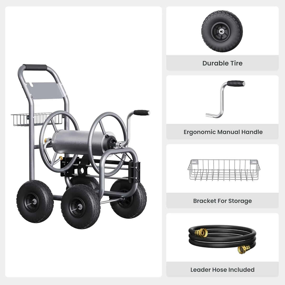 Tool pipe trailer, heavy-duty wheeled hose vehicle, suitable for outdoor industrial hose reels, length 250 feet, inner diameter 5/8 inches, hose guide device pre-installed.