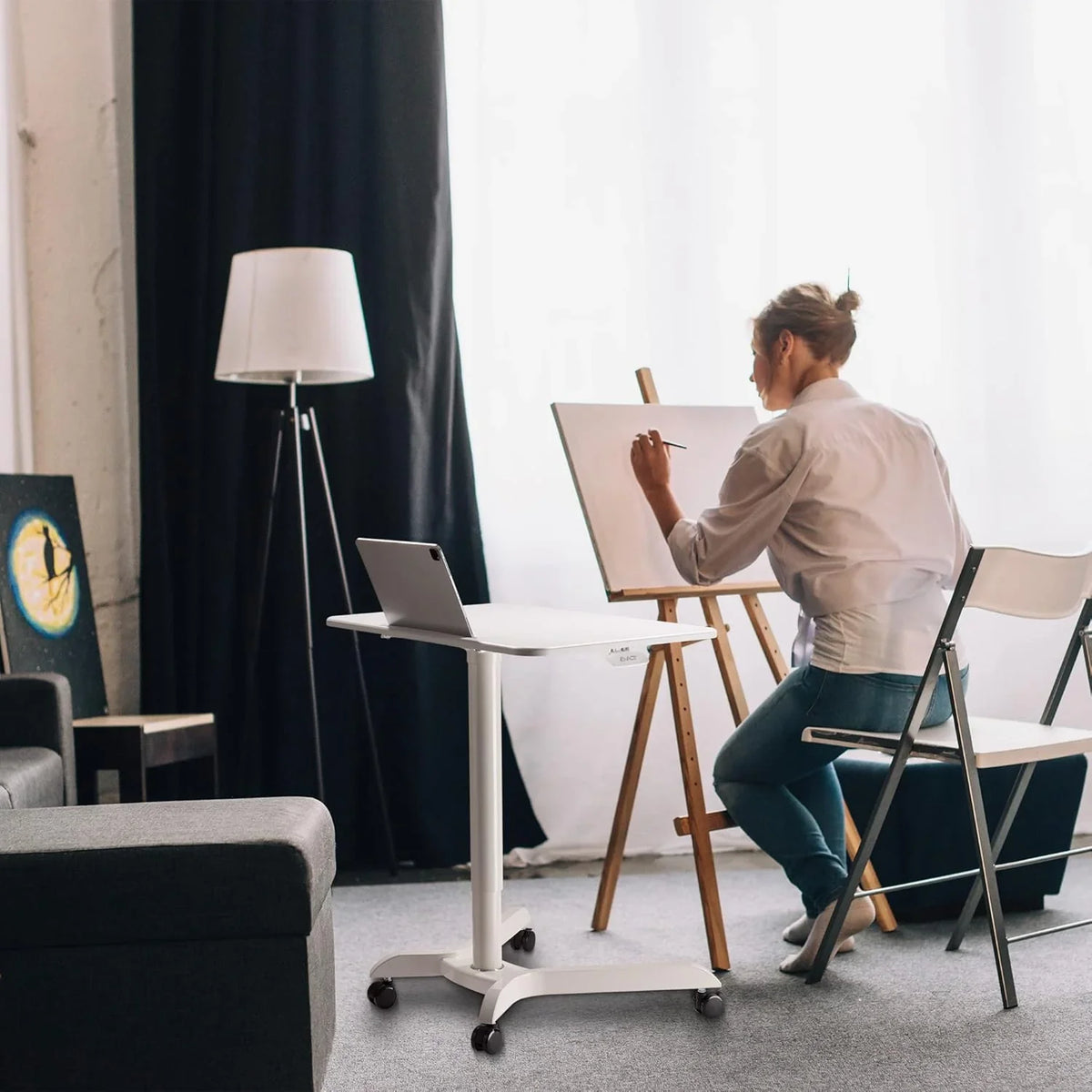 Portable laptop desk cart (3 feet 8 inches) - Mobile rolling desk - Computer projector cart - Adjustable height foldable mobile folding table - White mobile frame with brake wheels