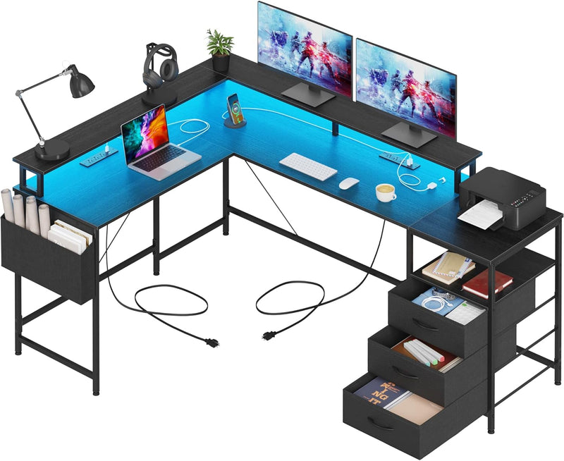 3 Drawers L Shaped Desk 63 Inch, 2 Power Strips (6 AC) and LED, Large Gaming Desk & 2 Monitor Stands, L Shape Computer Desk, Stable and Sturdy Home Office Desk, Fabric Drawers, Black N6843