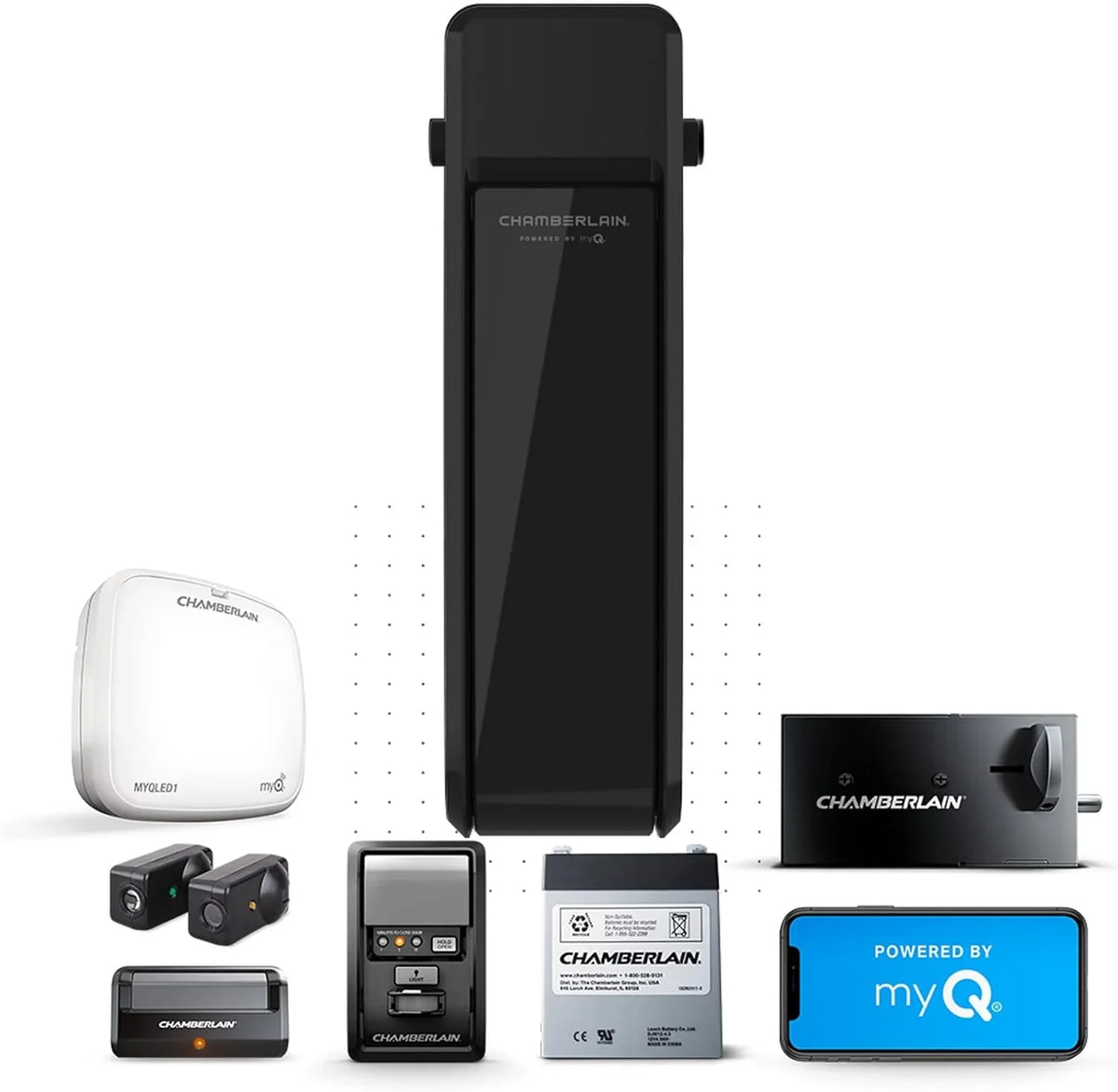 Silent and quiet wall-mounted garage door opener with battery backup and LED lighting, weighing 36 pounds, in black color.