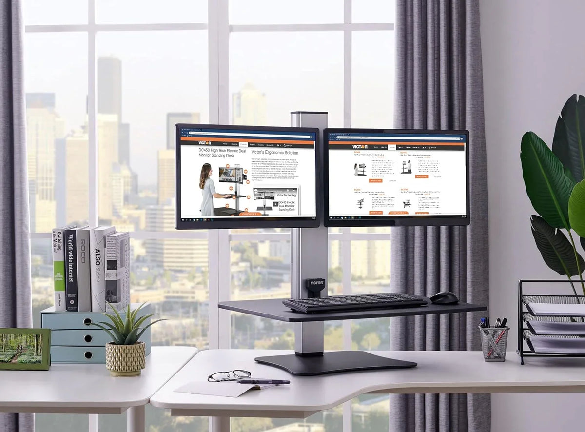 High-position electric triple monitor adjustable desk | Sit-stand dual-purpose work desk for three screens | 28-inch wide work surface | Compatible with any standard desktop | Adjustable monitor stand