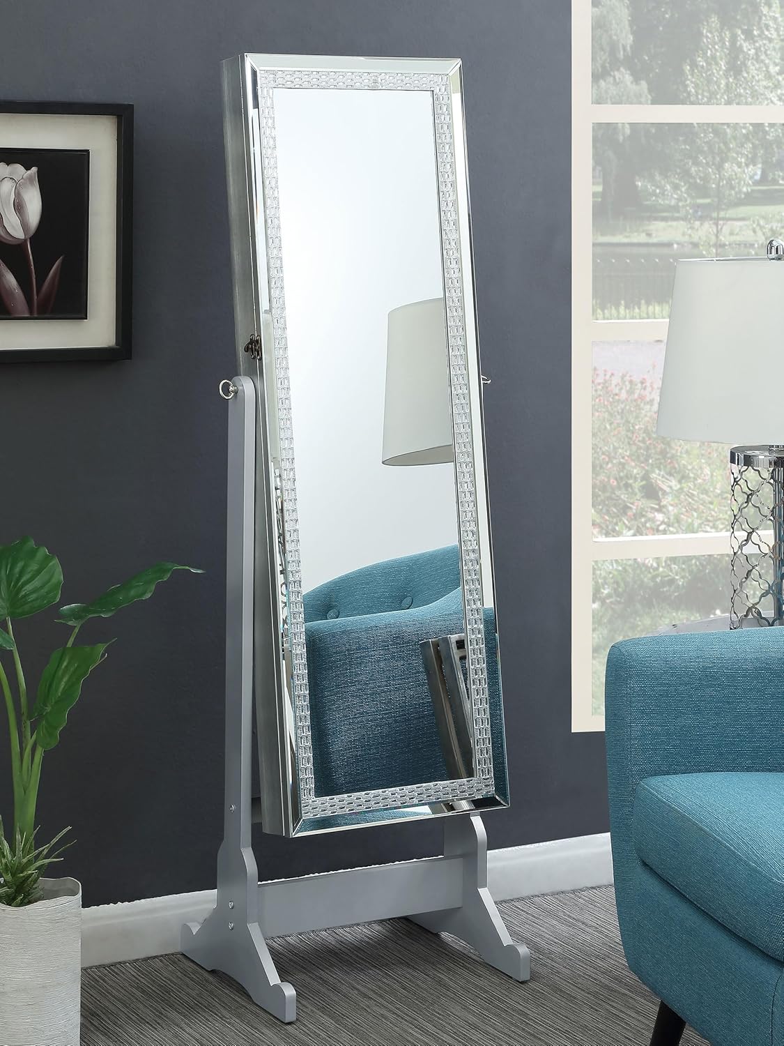Mounted-style mirror cabinet, featuring jewelry storage function, with a design allowing the entire length to be tilted, rectangular shape - bedroom - silver color