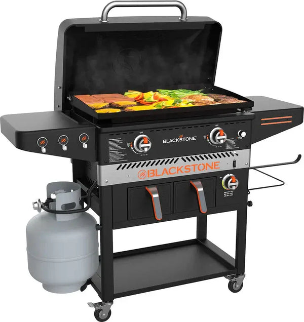 1962 Air Fryer Combo & Two Burners Stainless Steel Gas Hood, Wheels, Two Side Shelf – Heavy Duty Outdoor Griddle Station for Backyard, Patio, 28 inch Black H3375