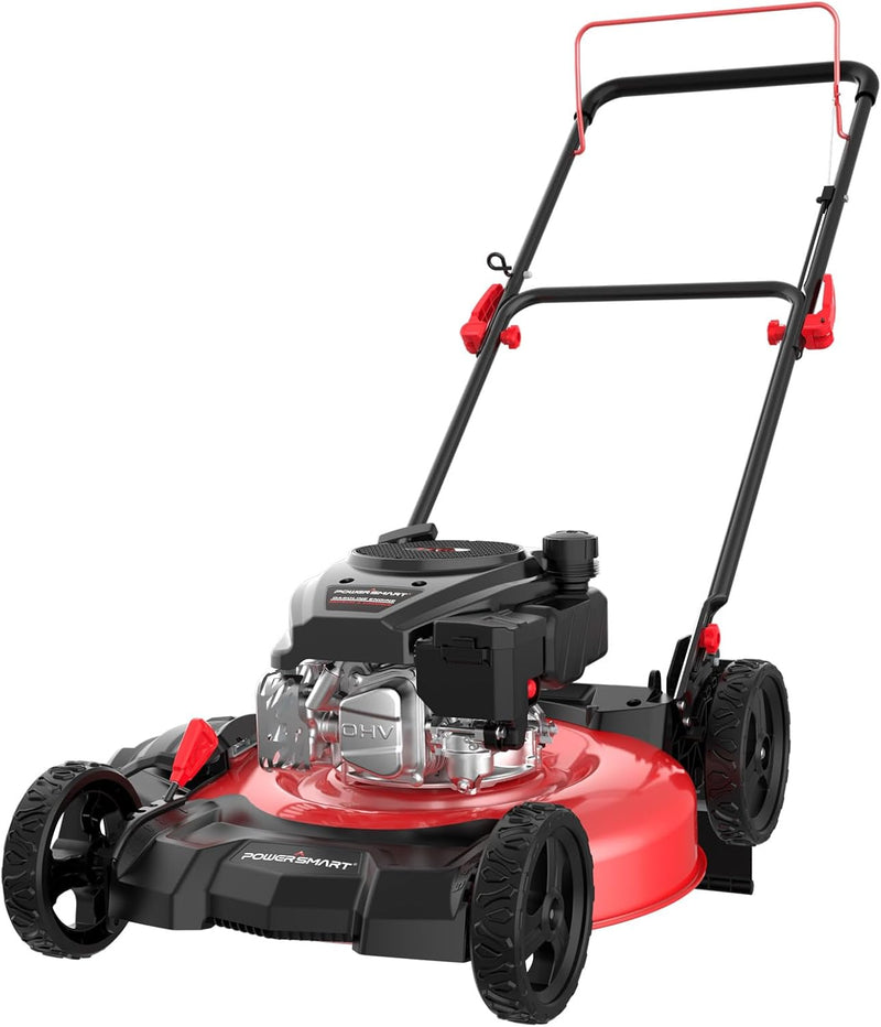 21-inch gas-powered lawn mower, equipped with a 144cc four-stroke all-terrain engine, featuring both crushing and side-discharge functions, with adjustable cutting height ranging from 6 positions. W6966