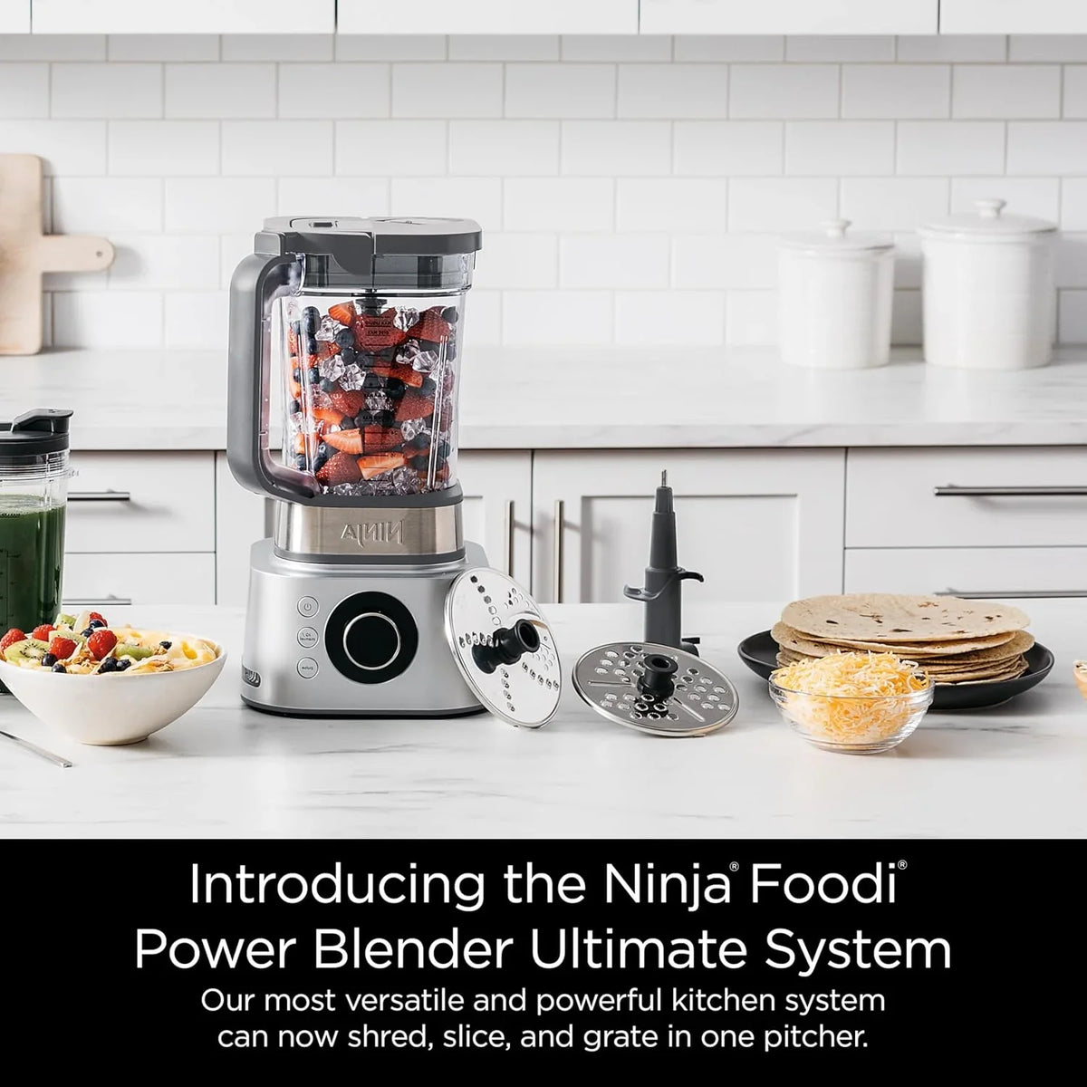 Blender and food processor combination set, powerful blender system, suitable for making smoothies, bowl foods, spreads and milkshakes, with 6 functions, 72-ounce water jug, portable cup, silver color, SS401 model.