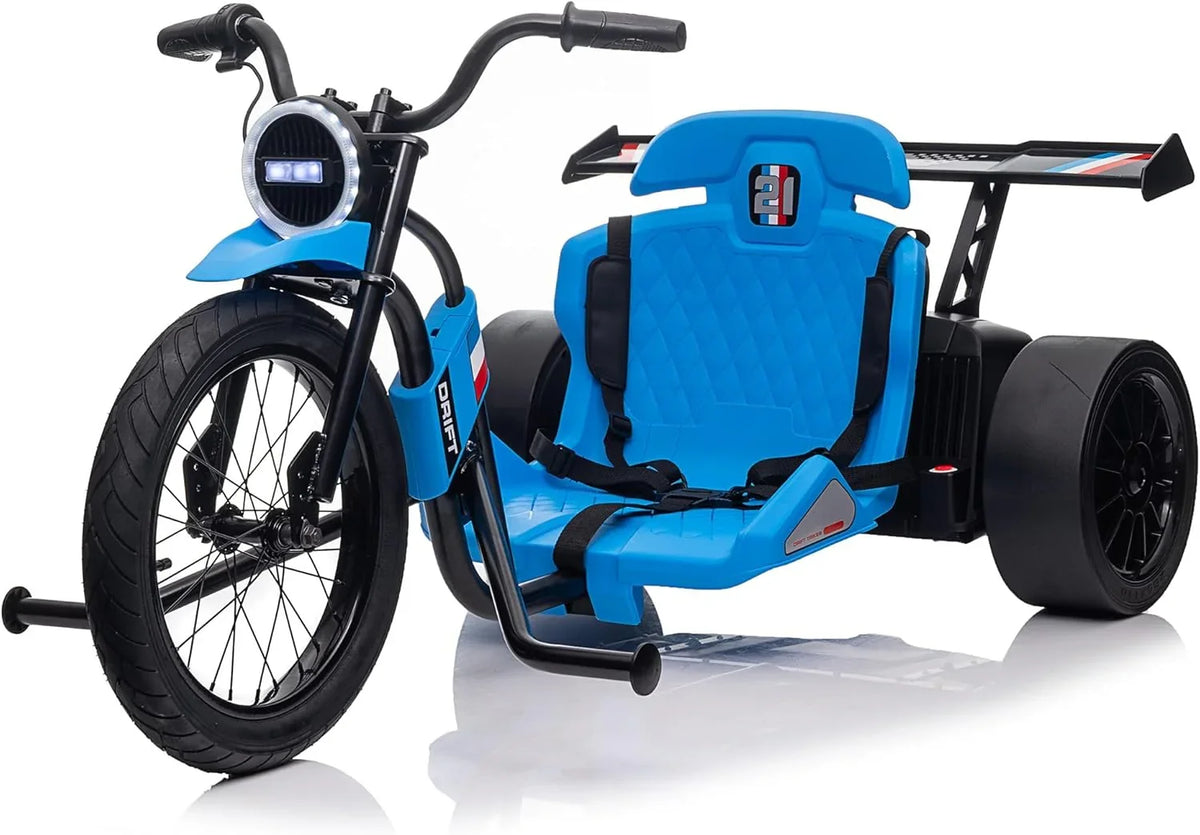 Children's electric drift tricycle, three-wheel electric drifting bicycle, equipped with LED lights, 16-inch inflatable tires, battery-powered, suitable for boys and girls aged 8 and above, outdoor electric driving vehicle (black)