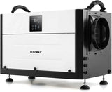 Commercial dehumidifier, suitable for 1300 square feet of basements, storage areas or work sites, equipped with a 9.8-foot drainage pipe and a wired remote control panel, white model.