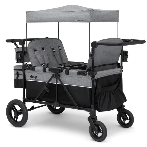Luxurious 4-seater children's stroller - A high-end 4-seater children's stroller specially designed for 4 children, equipped with convertible seats, adjustable push-pull handles, detachable sunshade, and flat folding device. The color is grey. T7132