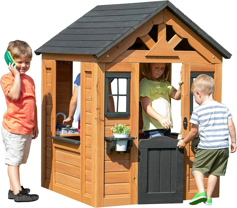 Children's playhouse cabin, equipped with a game kitchen, snack bar, half-door, toy phone, windows, flower pot stand and an operable doorbell, suitable for creative outdoor games. V9805