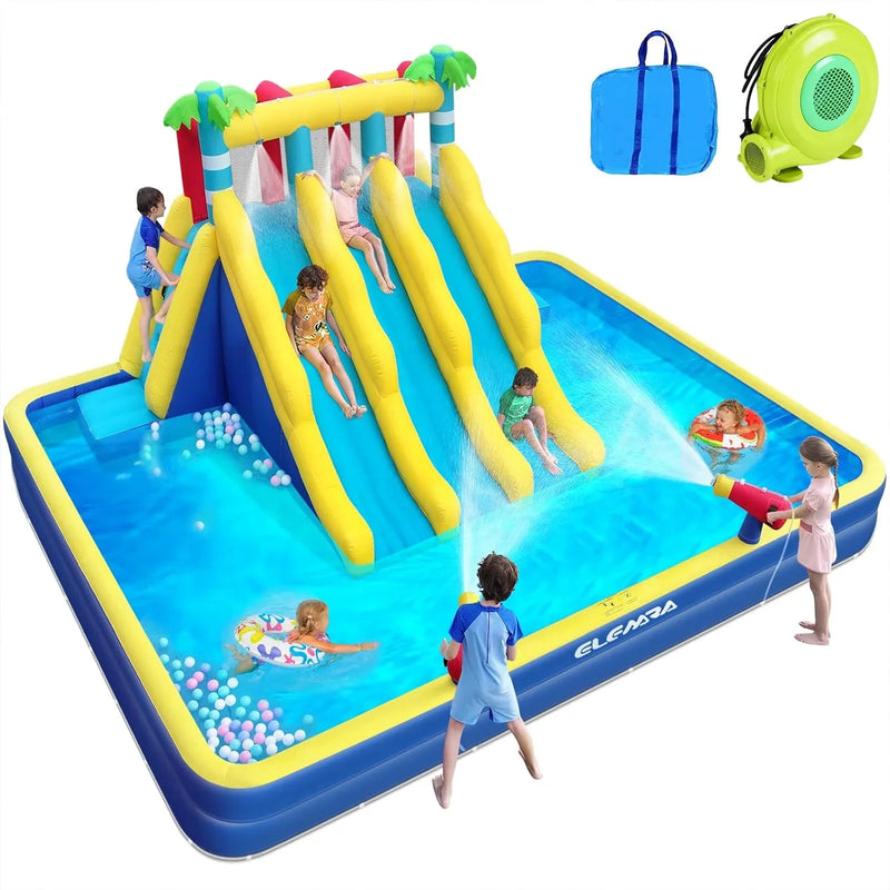 20.66x16.4FT Inflatable Water Slide for Big Kids, Water Park for Kids Backyard with Large Double-Layer Pool,3 Extra-Long Slides,Climbing Wall, 2 Water Cannons, Water Spraying, 750W Air Blower K3933