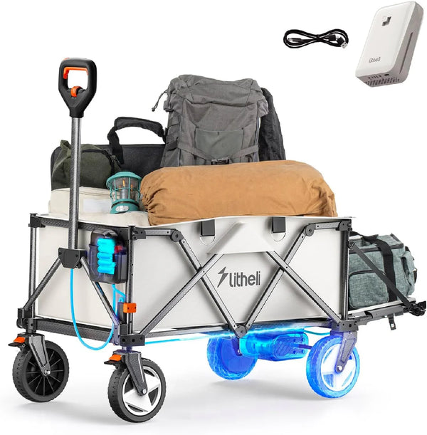 Utility truck, with a capacity of 200 liters and a load capacity of 300 pounds, featuring a foldable heavy-duty design, equipped with all-terrain wheels, featuring variable speed drive and battery power functions, suitable for camping, beaches, garde P392