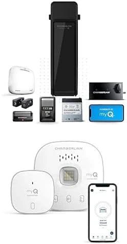 Silent and quiet wall-mounted garage door opener with battery backup and LED lighting, weighing 36 pounds, in black color.