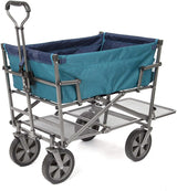 A foldable double-layer outdoor multi-functional truck, equipped with a long lower shelf, in blue-green color.