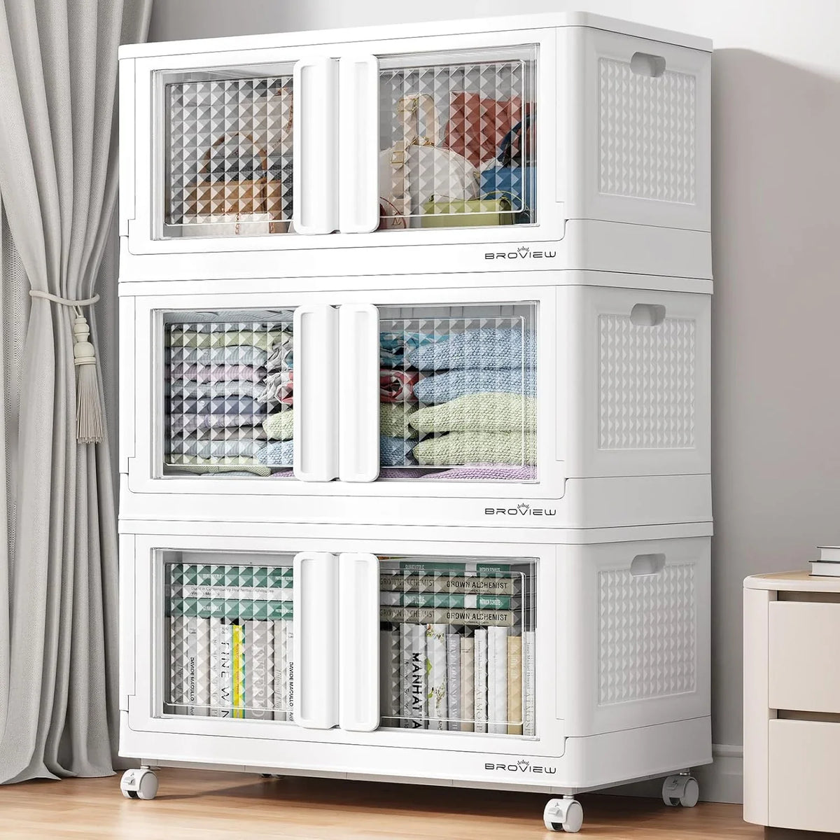600 sets of stackable storage boxes with lids and doors, 6 sets of plastic coat closets and storage drawers with wheels, large foldable storage boxes, household and office cabinets