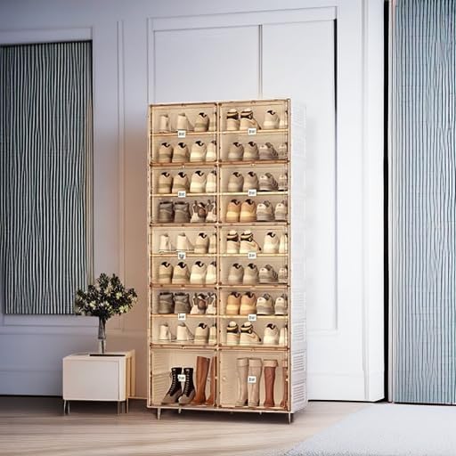 Portable shoe rack organizer, suitable for the entrance of the closet, stackable storage cabinet for sports shoes, shoe cabinet with magnetic transparent doors, large plastic storage container box (with lid), with 5 layers, can hold 20 pairs of shoes
