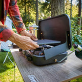 The 1900 series three-in-one propane camping stove, featuring a cast iron grill and frying pan accessories, has a power output of 24000 watts. It is equipped with an adjustable flame cover and excellent lighting device, and comes with two adjustable