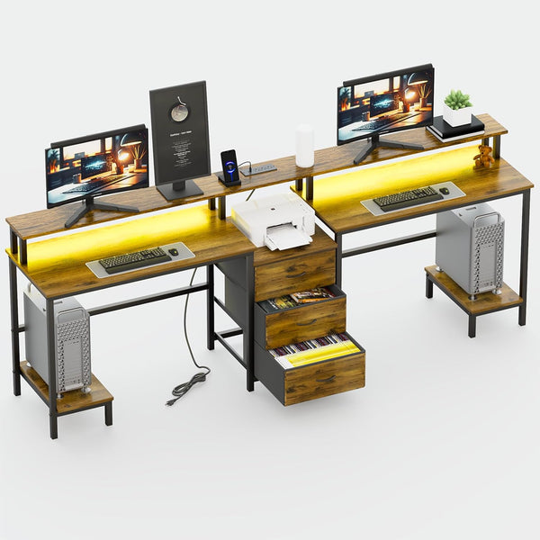 2 Person Desk with LED Lights & Charging Station – Long Desk for 2 with Storage Drawers, Monitor Riser, USB Ports & Outlets – Modern Study Table or Workstation for Home Office E7253