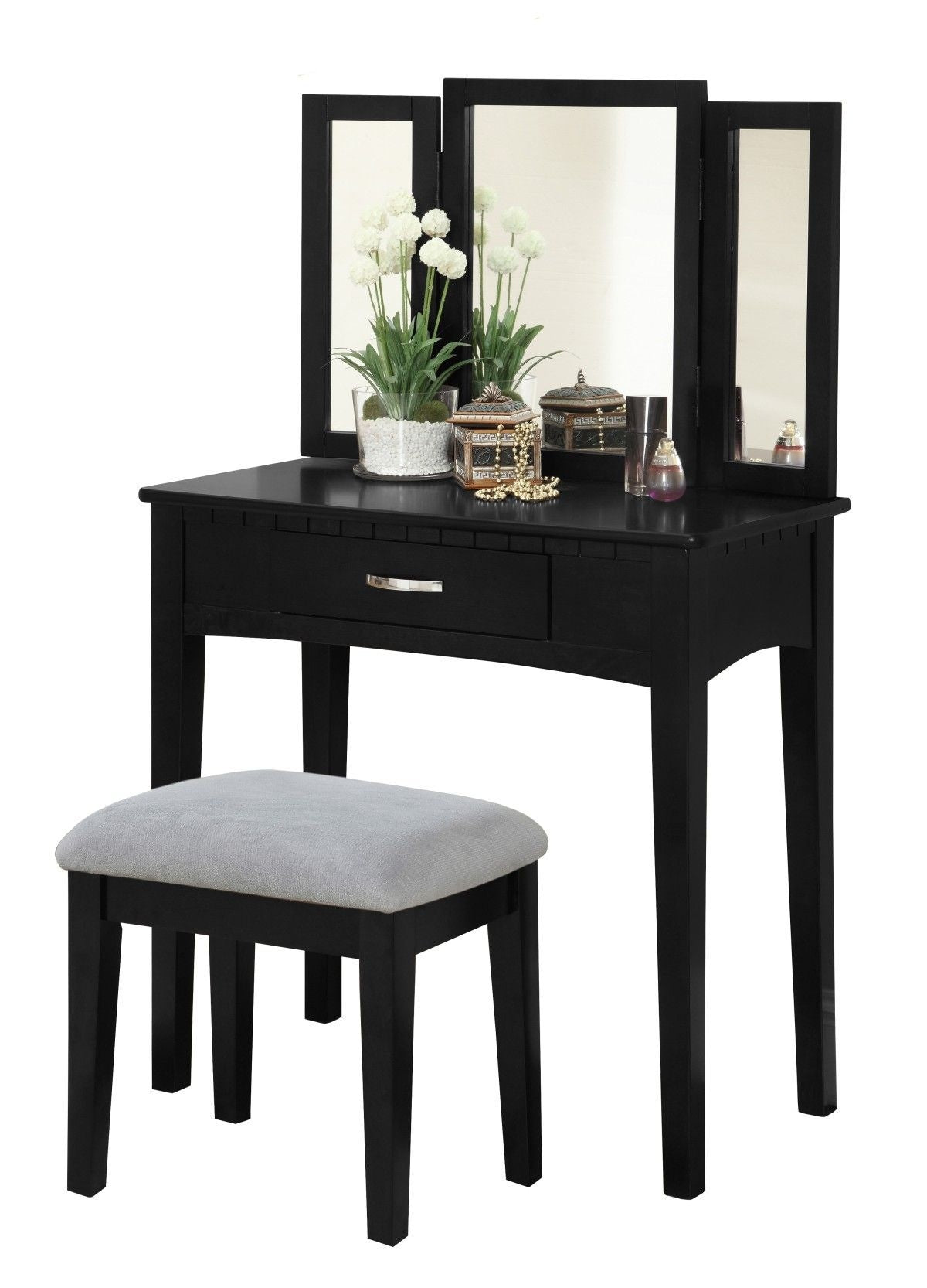 Lynn 1-Drawer Black Dressing Table Makeup Vanity Set with Stool and Mirror