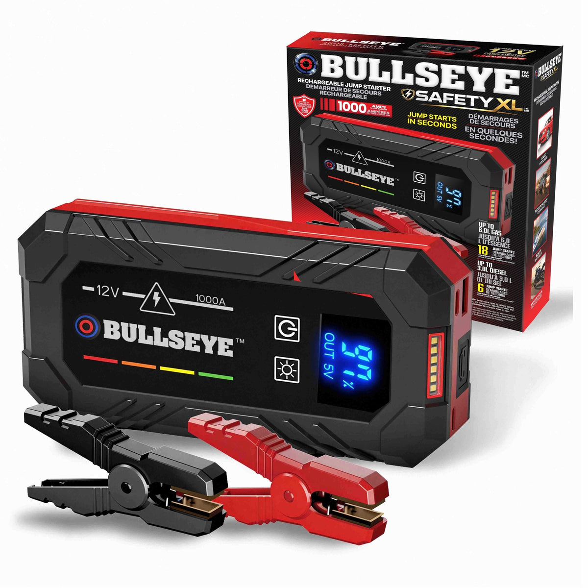 XL 1000A 12V Car Jump Starter, Portable Booster with Jumper Cables, 6.0-L Gas & 3.0-L Diesel, 1800mAh Rechargeable