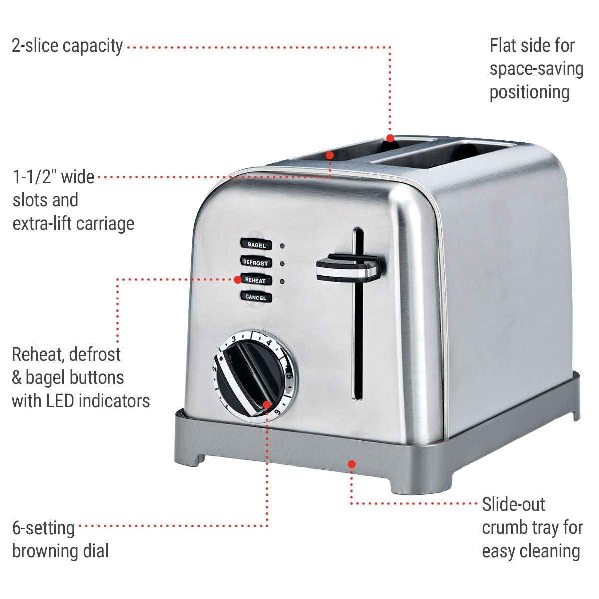 Metal Classic Toaster with 6 Settings, Stainless Steel, 2-Slices