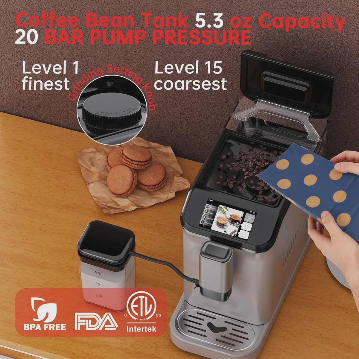 Full Automatic Espresso Machine with Built-In Grinder Milk Frother - FTF Touchscreen Coffee Maker for Latte/Cappuccino, 20 Bar Pressur 1.5L Water...