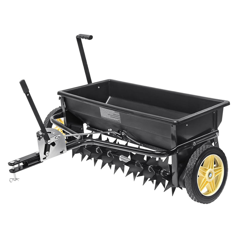 Broadcast seeder, 100-pound tractor-mounted rear polyethylene seeder with 10-inch wheels, equipped with a steel spike weeder, fertilizer spreader, garden seeder and salt spreader, suitable for residences, farms, rough terrain, and black pavement. L8444