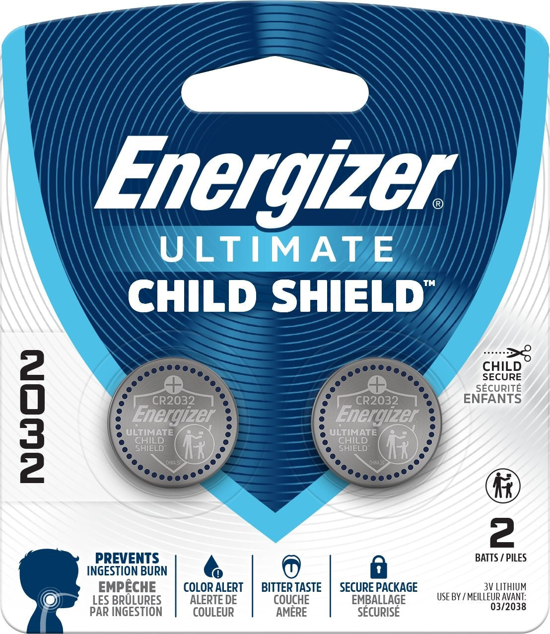 2032 Child Shield Lithium Battery, 2-Pack