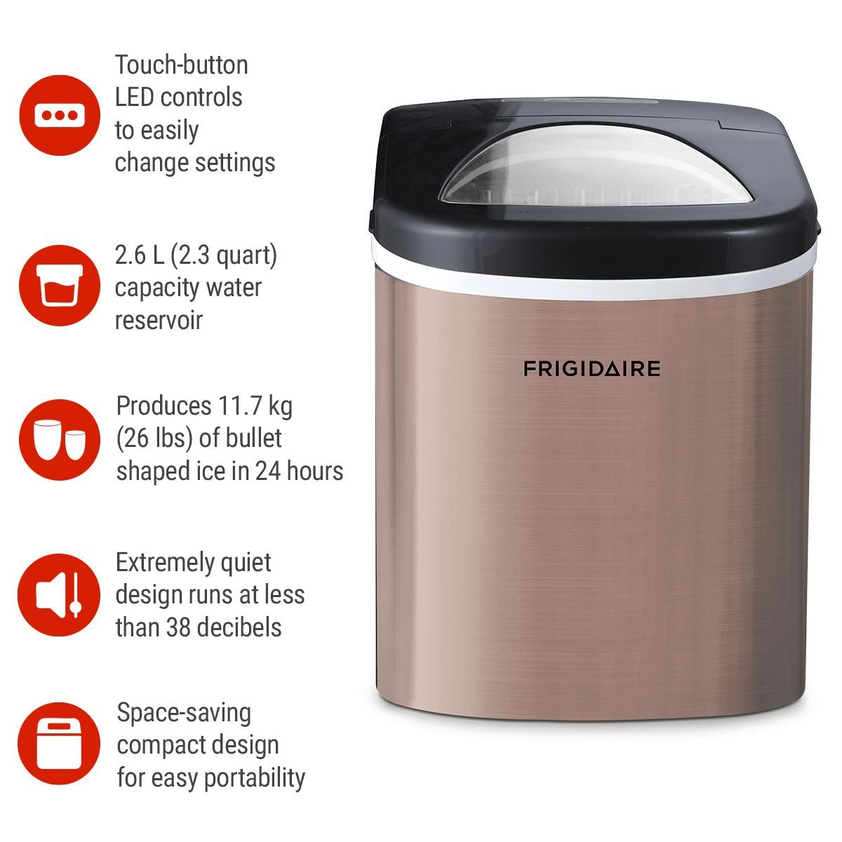 Stainless Steel Bullet Ice Maker, Copper, 2.3-Qt, 26-lb/day
