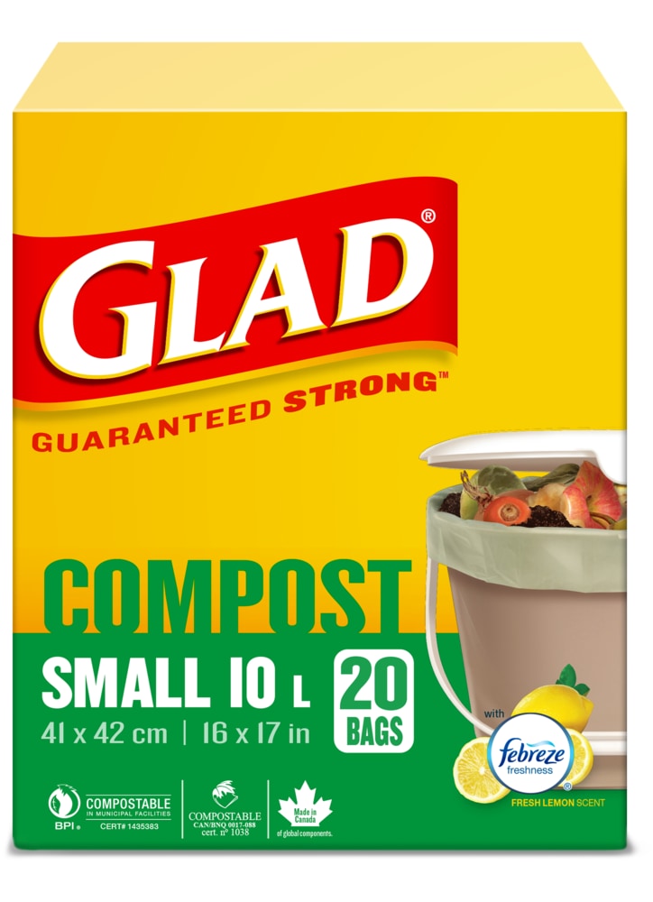 Glad Small 100% Compostable Lemon Scented Food Waste Bags, 20-pk, 10-L