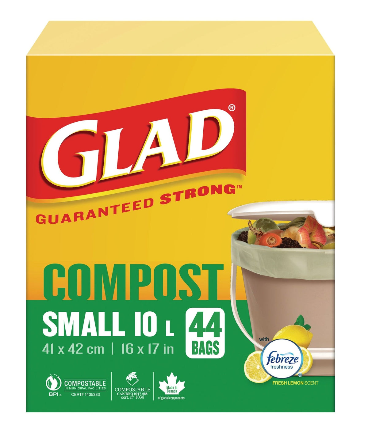 Glad Small 100% Compostable Lemon Scented Food Waste Bags, 44-pk, 10-L