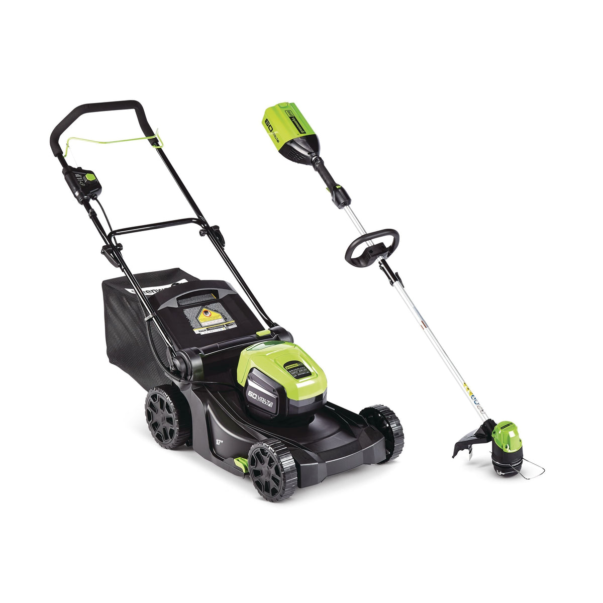 2-in-1 60V 4Ah Battery, Cordless Push Lawn Mower + String Trimmer, 17-in + 13-in
