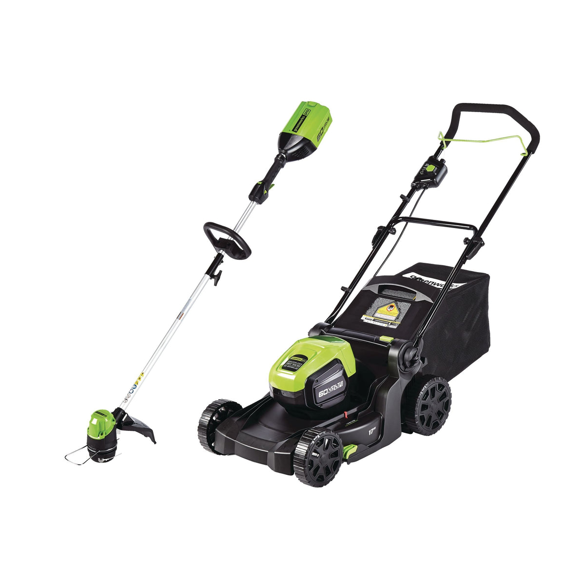 2-in-1 60V 4Ah Battery, Cordless Push Lawn Mower + String Trimmer, 17-in + 13-in