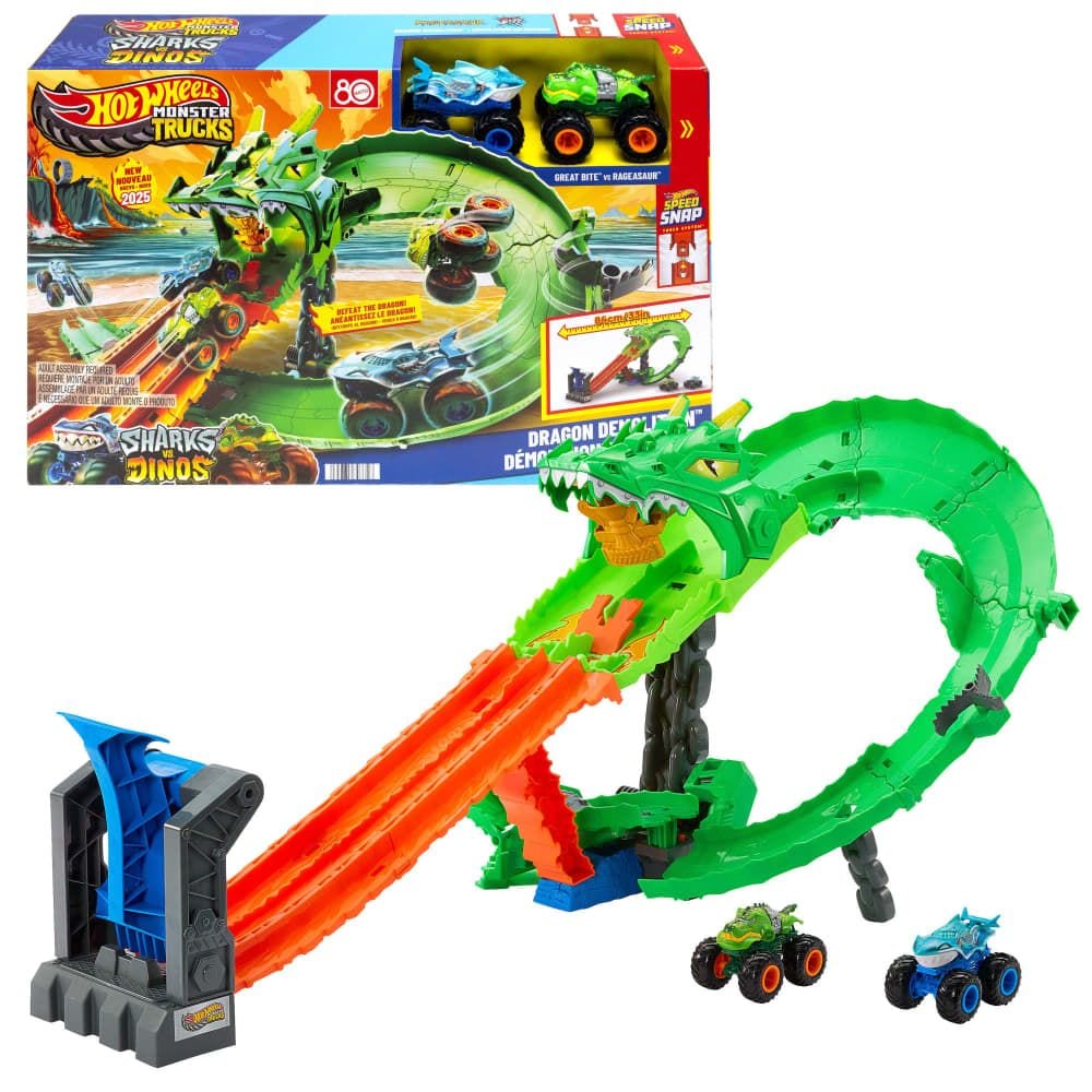 Sharks vs. Dinos Dragon Destruction Playset with 2 1:64 Monster Trucks