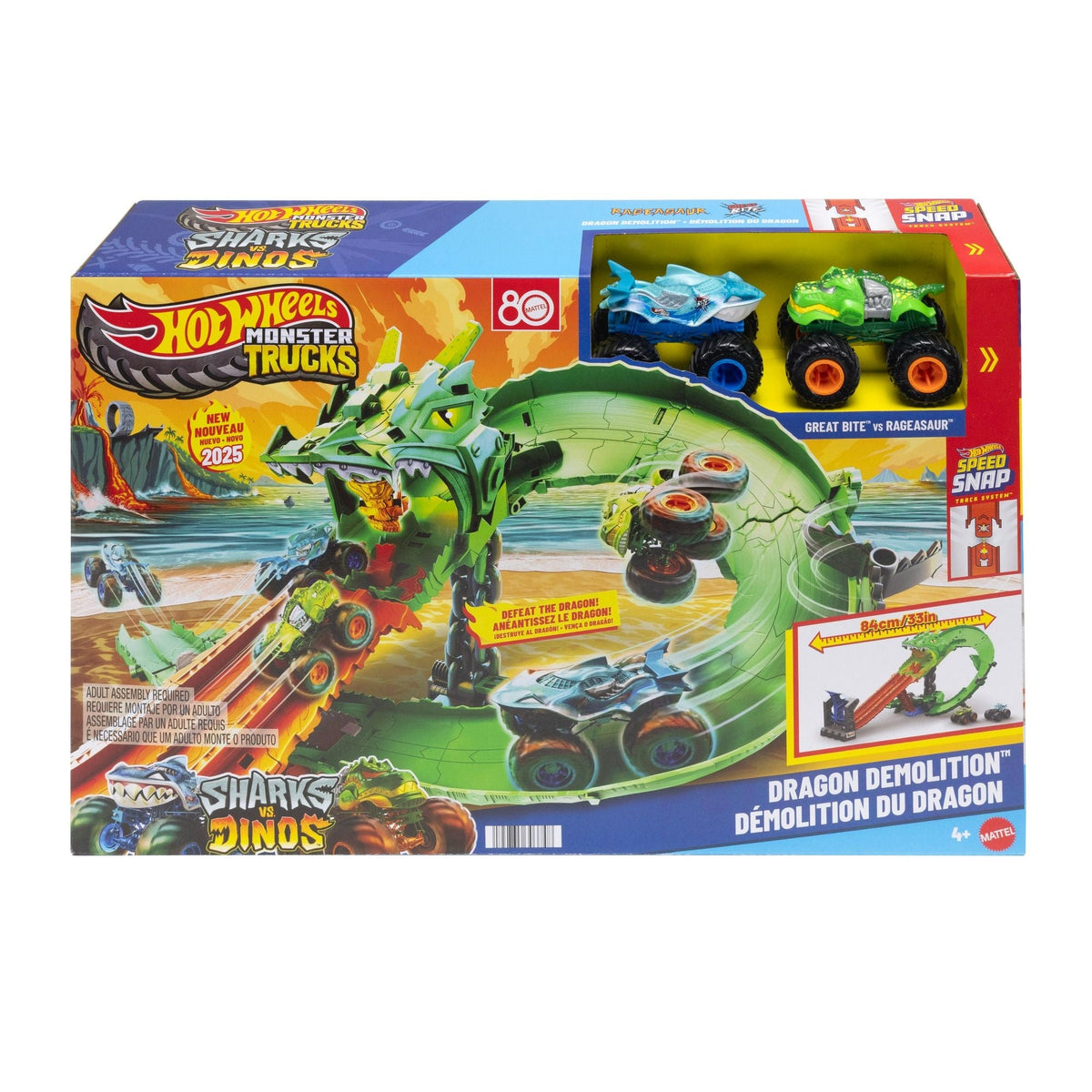 Sharks vs. Dinos Dragon Destruction Playset with 2 1:64 Monster Trucks