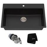 Quarza Top/Undermount Granite Single Bowl Kitchen Sink, Black Onyx, 31x20x9-in