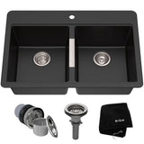 Quarza Undermount Granite Double Bowl Kitchen Sink, Black Onyx, 33x22x10-in