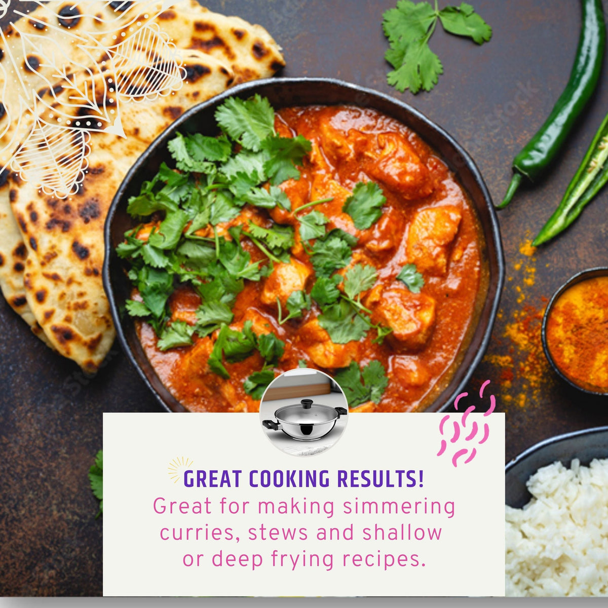 3.4qt Stainless Steel Karahi with lid 26cm 10.25in