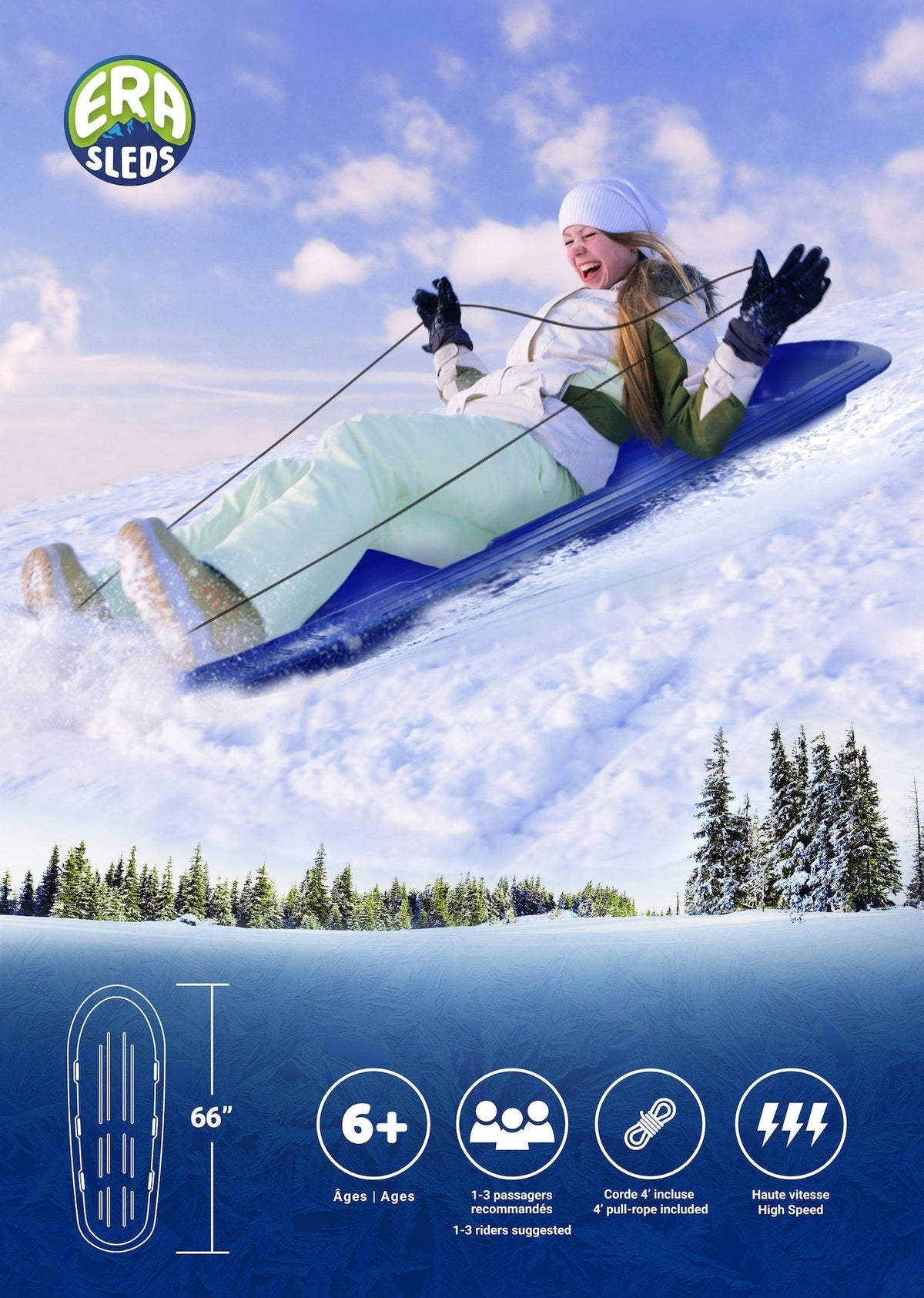 Manitou Kids' Large 3-Person Lightweight Plastic Winter Snow Sled/Toboggan