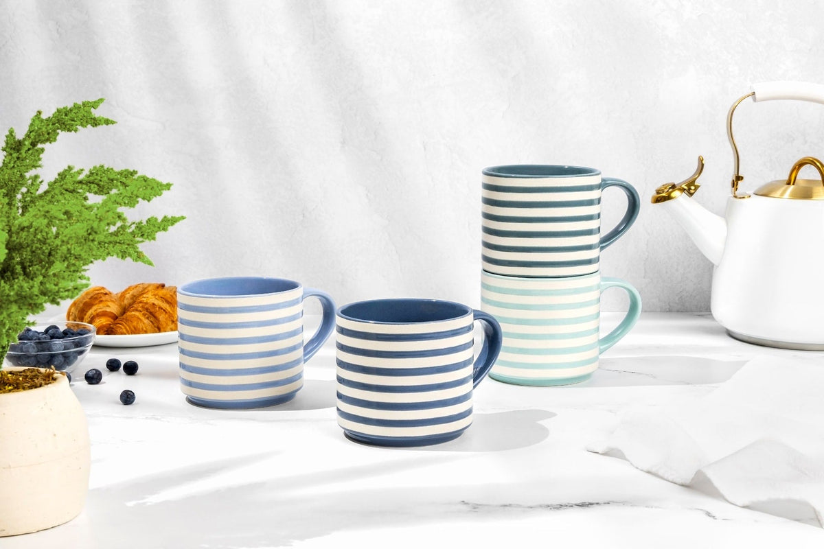 Manna Blue Strip Stackable Mugs, Assorted Colours, 4-pk