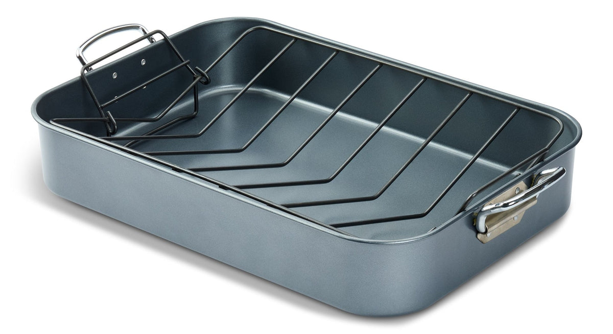 Heavy-Duty Grey Non-Stick Roaster with Handle and Rack, 17-in