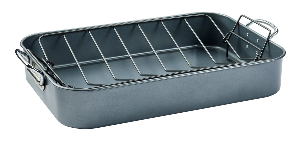 Heavy-Duty Grey Non-Stick Roaster with Handle and Rack, 17-in
