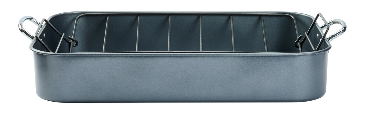 Heavy-Duty Grey Non-Stick Roaster with Handle and Rack, 17-in