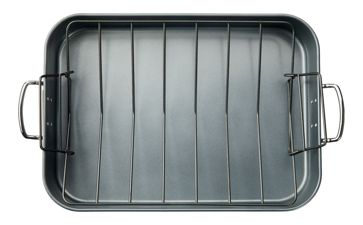Heavy-Duty Grey Non-Stick Roaster with Handle and Rack, 17-in