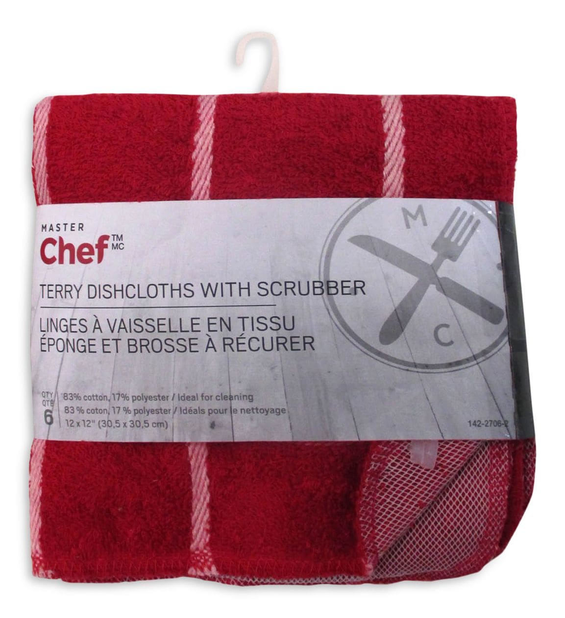 Terry Cotton Checkered Dishcloths, 12-in x 12-in, Red, with Scrubber, 6-pk