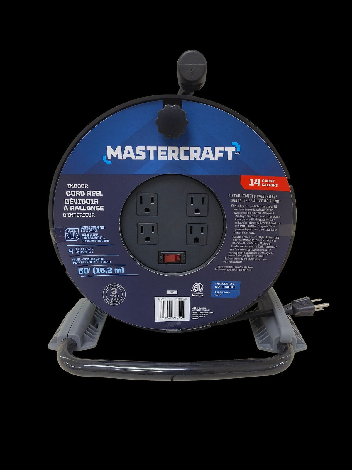 50-ft 14-Gauge Black Cord Reel with Stand
