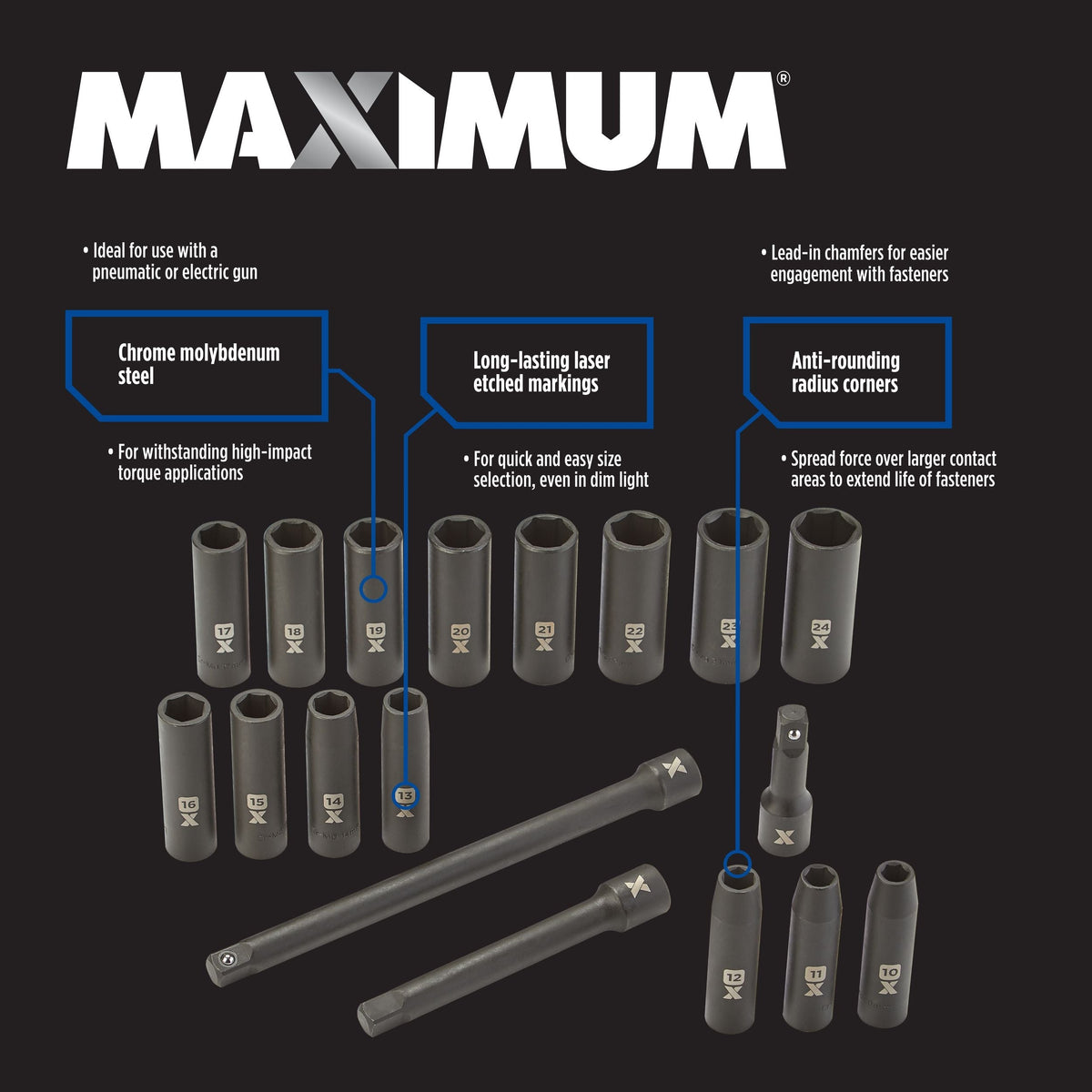 MAXIMUM 1/2-in Drive Professional Grade Impact Sockets Set, 18-pc, Metric