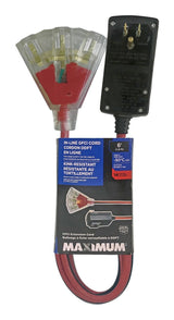 MAXIMUM 6-ft 14/3 Outdoor GFCI Extension Cord with 3 Grounded Outlets, Lighted End, Block/Red
