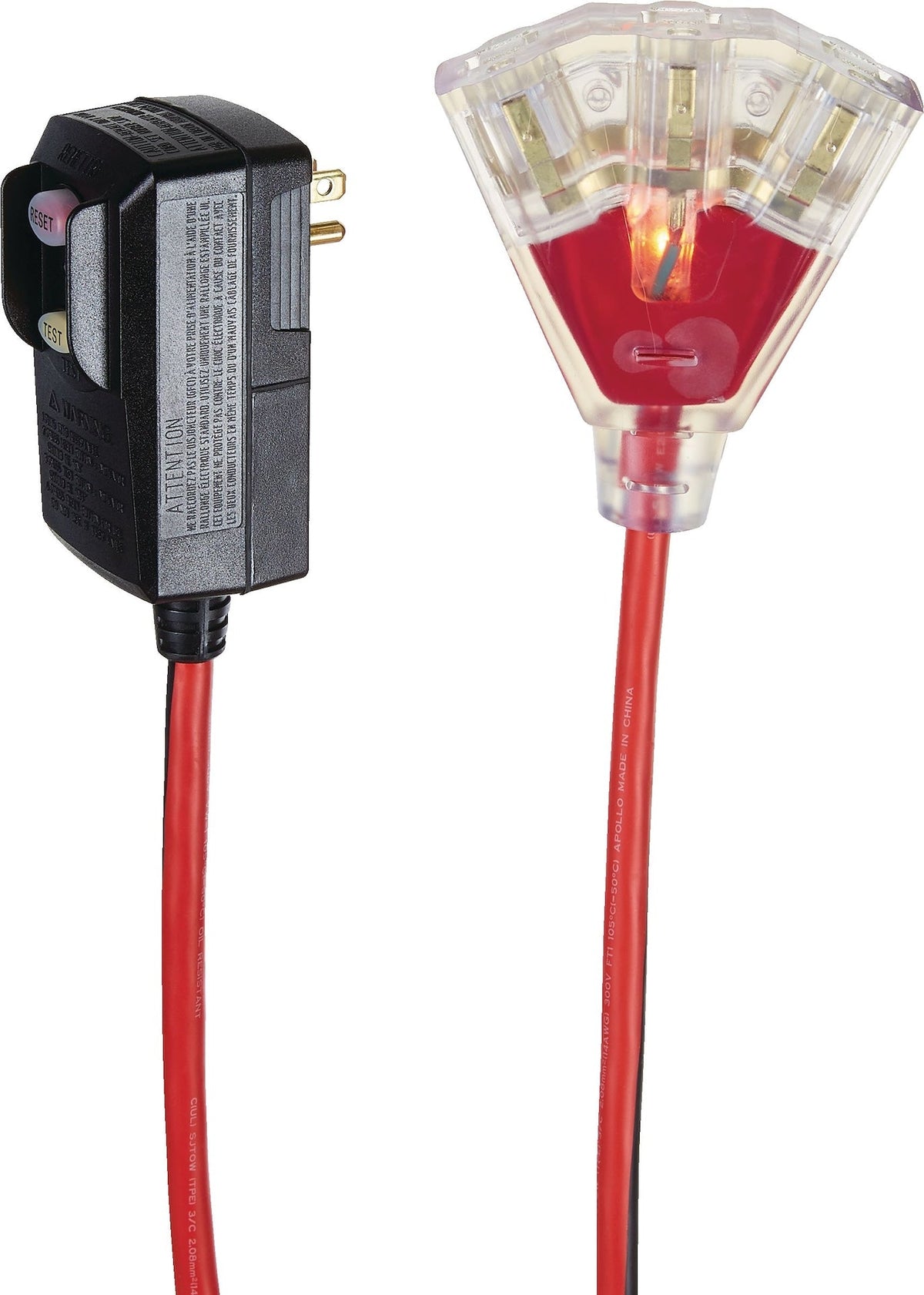 MAXIMUM 6-ft 14/3 Outdoor GFCI Extension Cord with 3 Grounded Outlets, Lighted End, Block/Red