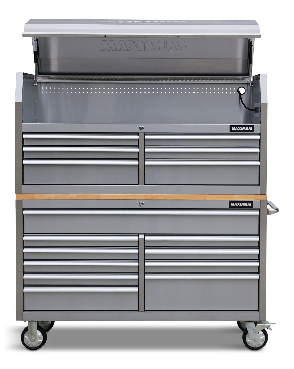 MAXIMUM Butcher Block Top Rolling Tool Storage Cabinet with 10 Drawers, Stainless Steel, 56-in