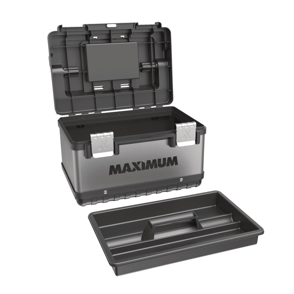 MAXIMUM Portable Plastic & Metal Tool Box with Removable Tray & Organizer, Black, 15-in